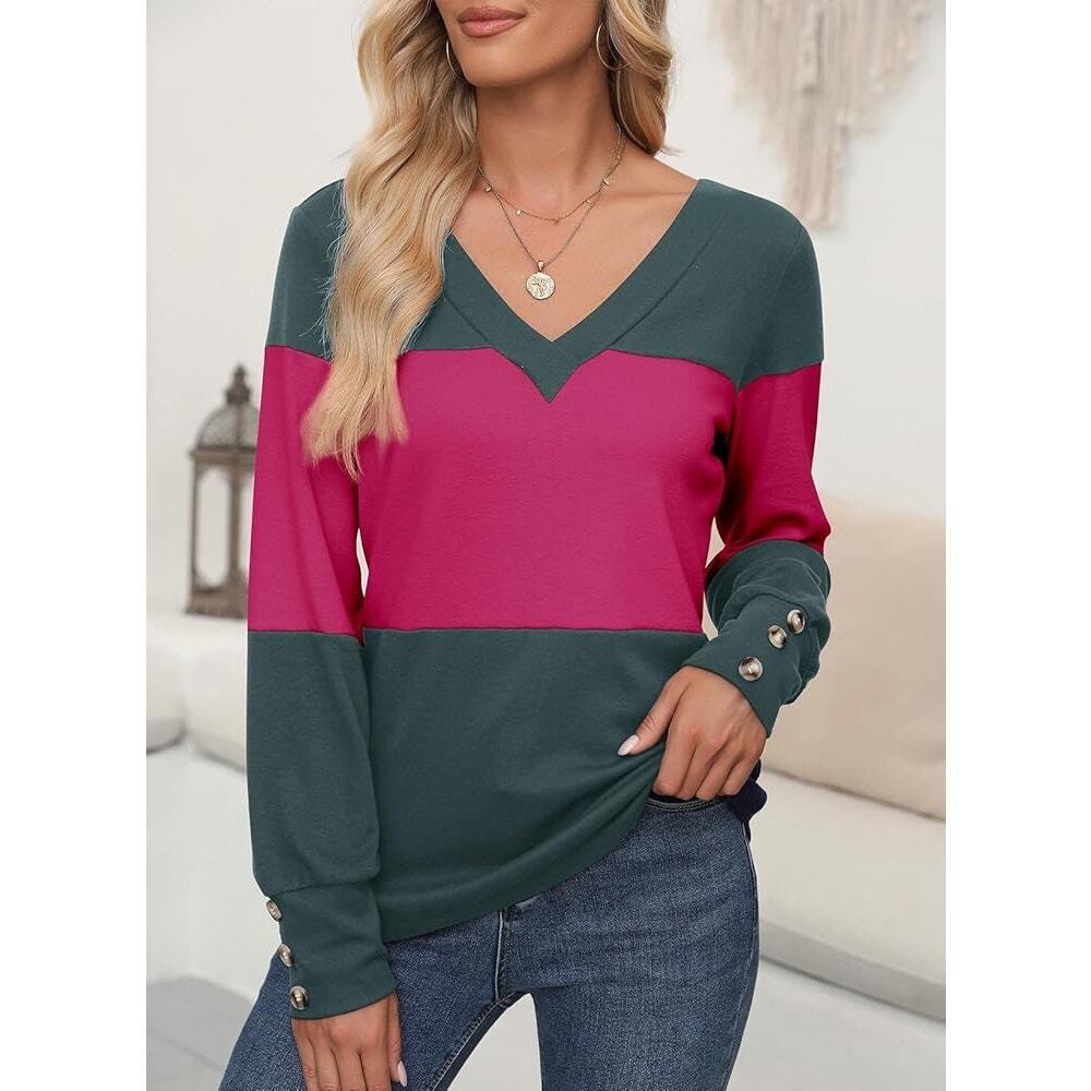 NWT Dokotoo Color-Block Sleeve Button Detail V-Neck  Evergreen/Fuscia Sz Med